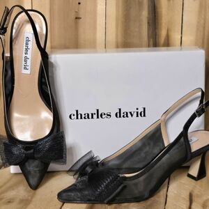 Luxury Elegant Designer CHARLES DAVID 7 M Black Mesh Slingback Heels Arina NIB